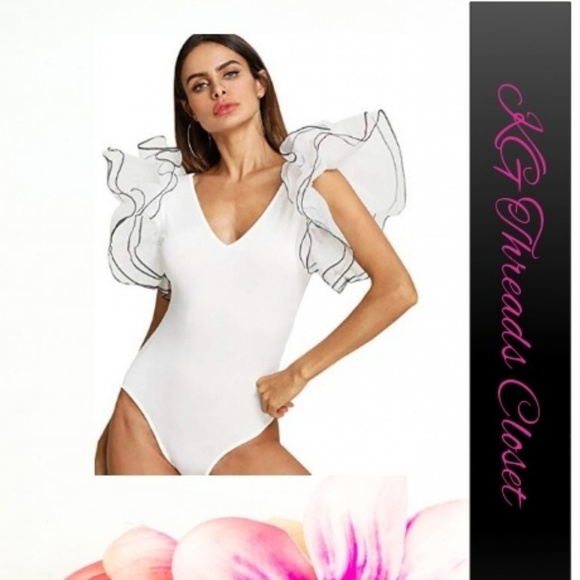 Tops - V Neck Ruffle Mesh Sleeve Stretchy  Bodysuit